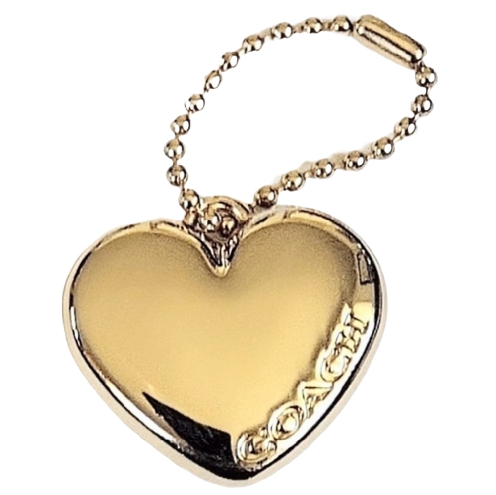 💛 Coach 2" Light Gold Solid Brass Metal Hangtag Bag Fob Puff Heart Charm RARE - Picture 2 of 6